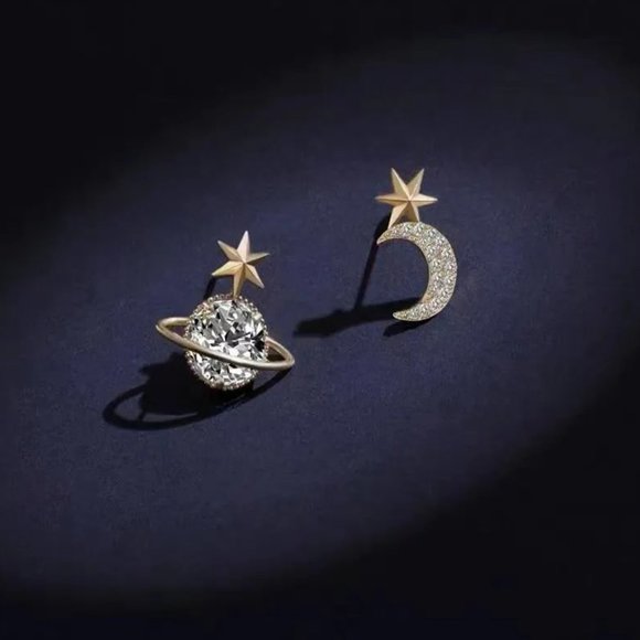 Ethereal Gold Saturn Planet & Crescent Moon & Star Rhinestone Drop Earrings NEW - Picture 2 of 6